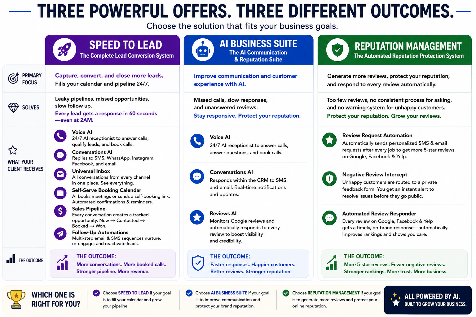 Three foot-in-the-door offers compared — Speed to Lead (complete lead conversion system), AI Business Suite (AI communication & reputation suite), and Reputation Management (automated reputation protection): primary focus, what each solves, what your client receives, and the outcome.